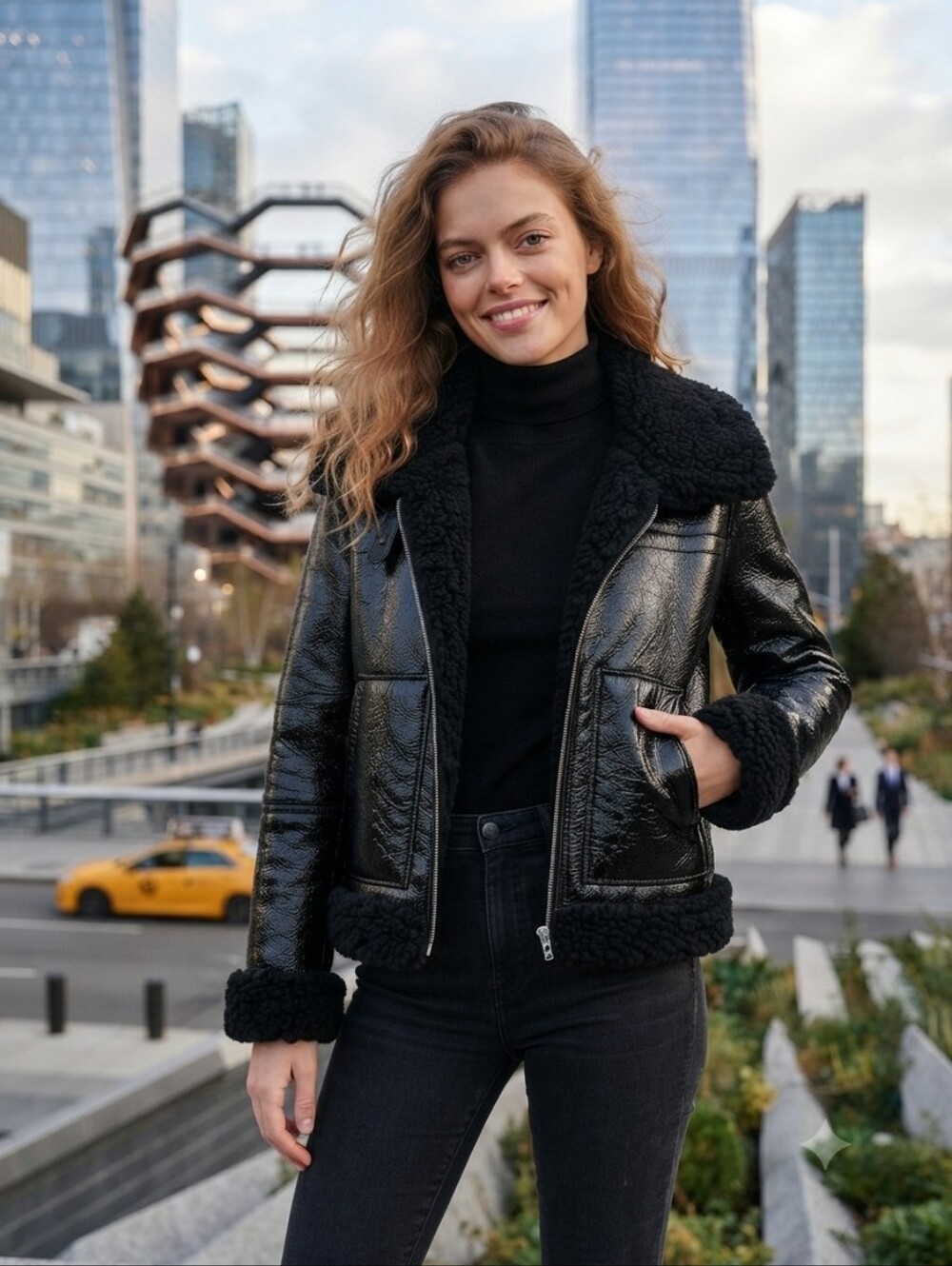 Topshop Black Faux Leather & Shearling Aviator Moto Jacket Size 6